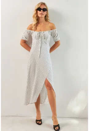 Kadın Beyaz Yırtmaçlı Desenli Midi Elbise KED0243