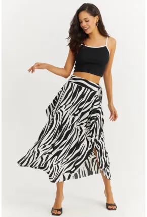 Kadın Beyaz Zebra Desenli Asimetrik Etek LV81