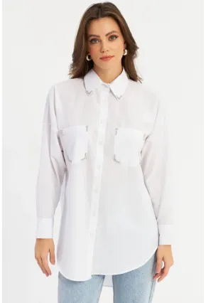 Kadın Beyaz Zımbalı Gömlek MASF2