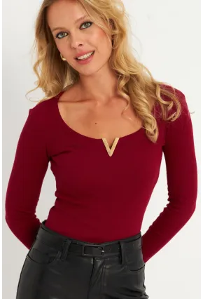 Kadın Bordo Aksesuarlı Kaşkorse Bluz RLO17