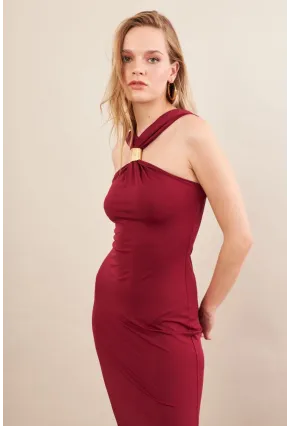 Kadın Bordo Aksesuarlı Midi Elbise İRE101