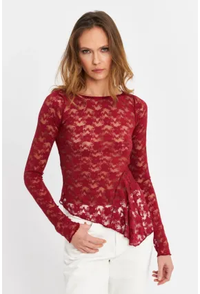 Kadın Bordo Asimetrik Dantel Bluz MTK13288