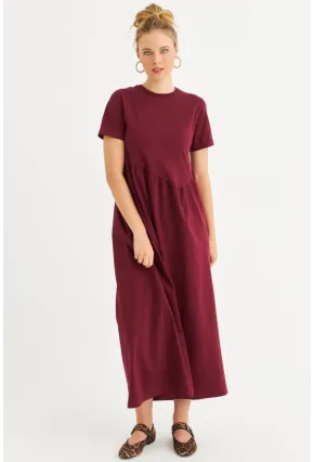 Kadın Bordo Asimetrik Dikişli Maxi Elbise MDMR440