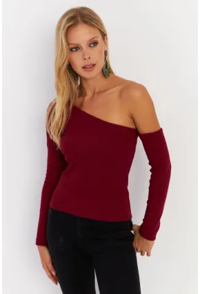 Kadın Bordo Asimetrik Kollu Kaşkorse Bluz HOR1