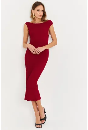 Kadın Bordo Asimetrik Yaka Gofre Midi Elbise MOD2358