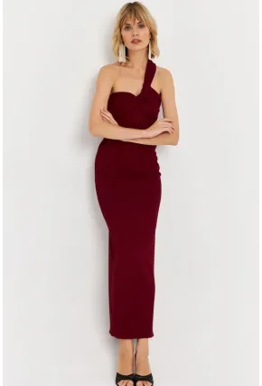 Kadın Bordo Asimetrik Yaka Maxi Elbise NH25455