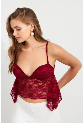 Kadın Bordo Askılı Dantel Crop Bluz MTK13458
