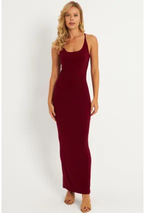 Kadın Bordo Ayarlanabilir Askılı Maxi Elbise MEN2004