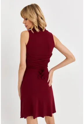 Kadın Bordo Bağlama  Detaylı Kaşkorse Mini Elbise FRY2271