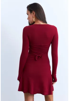 Kadın Bordo Bağlamalı Kaşkorse Mini Elbise FRY2175