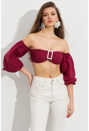 Kadın Bordo Balon Kol Crop Bluz ROP111