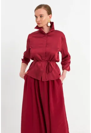 Kadın Bordo Beli Bağlamalı Saten Gömlek MMRS4212