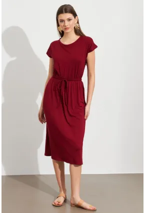 Kadın Bordo Beli Büzülebilir Midi Elbise MURO1193