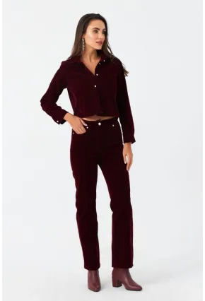 Kadın Bordo Beli Lastikli Kadife Pantolon CAR1076