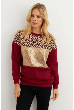 Kadın Bordo Bloklu Sweatshirt MST098