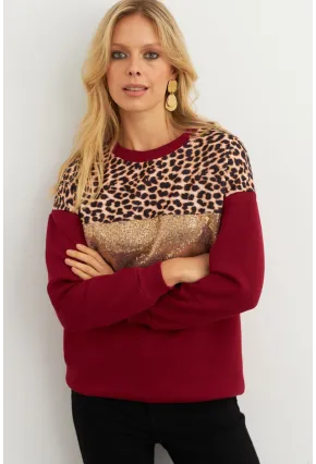 Kadın Bordo Bloklu Sweatshirt MST098