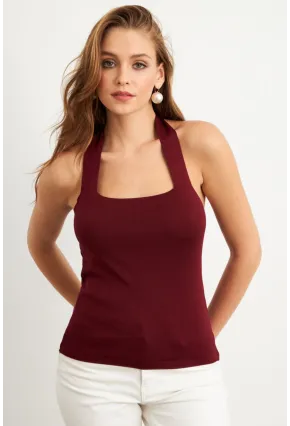 Kadın Bordo Boyundan Bağlamalı Triko Bluz YV356