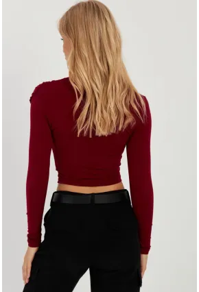 Kadın Bordo Büzgülü Kısa Bluz MEN2023-90