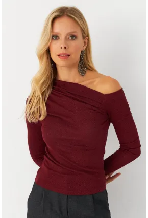 Kadın Bordo Çapraz Yaka Simli Bluz ERL10060