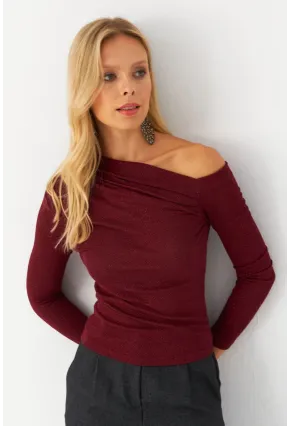 Kadın Bordo Çapraz Yaka Simli Bluz ERL10060
