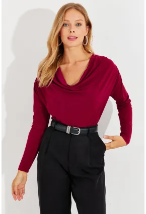 Kadın Bordo Degaje Yaka Bluz LPP1234