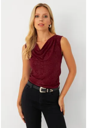 Kadın Bordo Degaje Yaka Kolsuz Bluz LPP1297