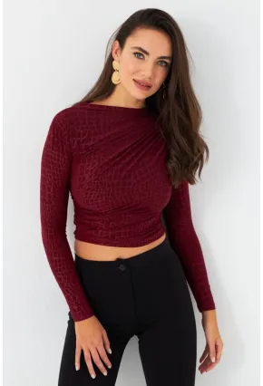 Kadın Bordo Desenli Büzgülü Bluz LPP1279