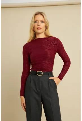 Kadın Bordo Desenli Büzgülü Bluz LPP1298