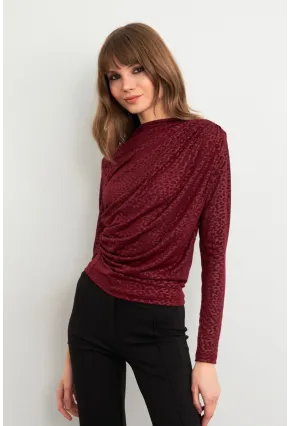 Kadın Bordo Desenli Büzgülü Bluz LPP1299