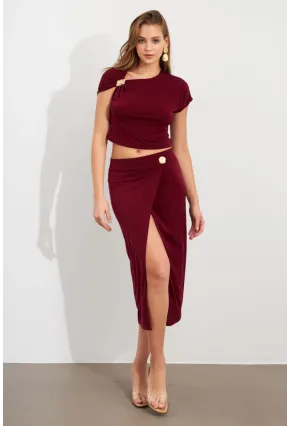 Kadın Bordo Dore Aksesuarlı İkili Takım UG7112