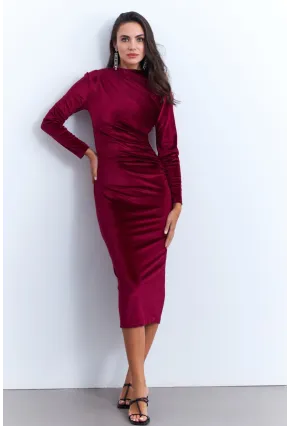 Kadın Bordo Drapeli Midi Elbise MON1113