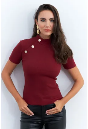 Kadın Bordo Düğme Aksesuarlı Kaşkorse Bluz EY2560