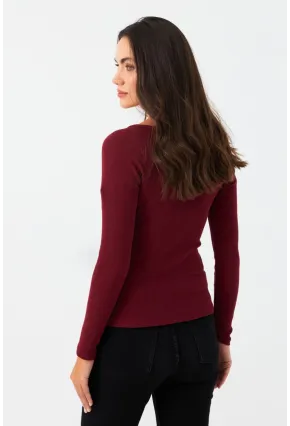 Kadın Bordo Düğme Aksesuarlı Kaşkorse Bluz EY2945