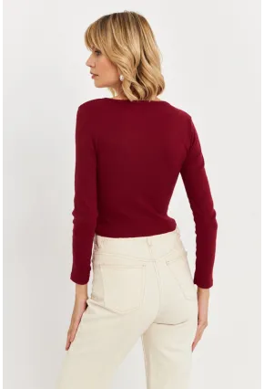 Kadın Bordo Düğme Detaylı Basic Bluz ALB3814