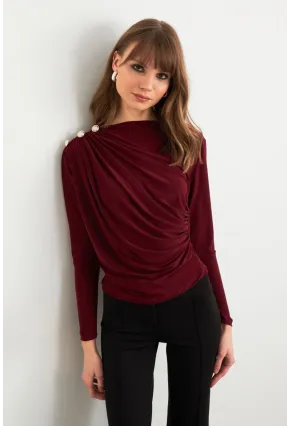 Kadın Bordo Düğme Detaylı Büzgülü Bluz LPP1223-1