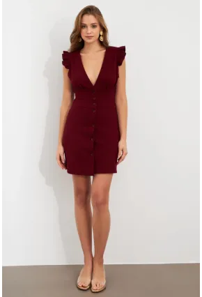 Kadın Bordo Düğme Detaylı Mini Elbise DAF5033