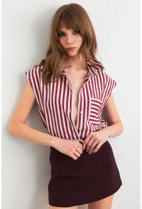 Kadın Bordo-Ekru Büzgülü Kolsuz Crop Gömlek RLO92