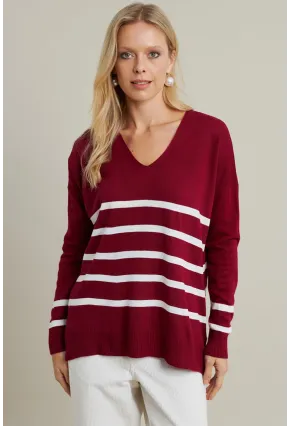 Kadın Bordo-Ekru V Yaka Çizgili Triko Kazak MYİL550
