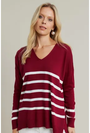 Kadın Bordo-Ekru V Yaka Çizgili Triko Kazak MYİL550