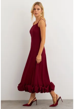 Kadın Bordo Eteği Fırfırlı Şık Maxi Elbise FRY2266