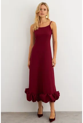 Kadın Bordo Eteği Fırfırlı Şık Maxi Elbise FRY2266