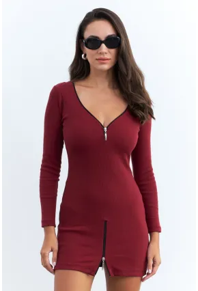 Kadın Bordo Fermuarlı Kaşkorse Mini Elbise EY2530