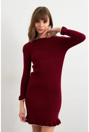 Kadın Bordo Fırfırlı Basic Triko Midi Elbise SF2559