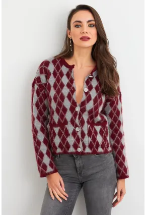 Kadın Bordo-Gri Düğme Detaylı Hırka ELT12022