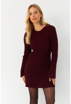Kadın Bordo İspanyol Kol Triko Mini Elbise YV273