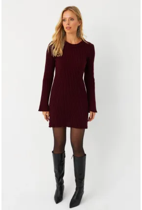 Kadın Bordo İspanyol Kol Triko Mini Elbise YV273