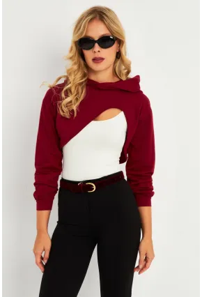 Kadın Bordo Kapüşonlu Crop Sweatshirt  TF03