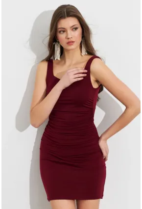 Kadın Bordo Kare Yaka Büzgülü Mini Elbise FRY2308