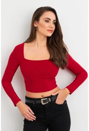 Kadın Bordo Kare Yaka Crop Bluz ELT2586