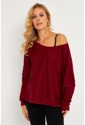 Kadın Bordo Kayık Yaka Ters Dikişli Sweatshirt TF10